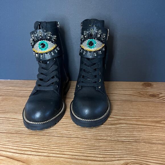 Kurt Geiger Black Leather Jeweled Sutton Eye Combat Boot Womens 35 EU - Picture 1 of 13